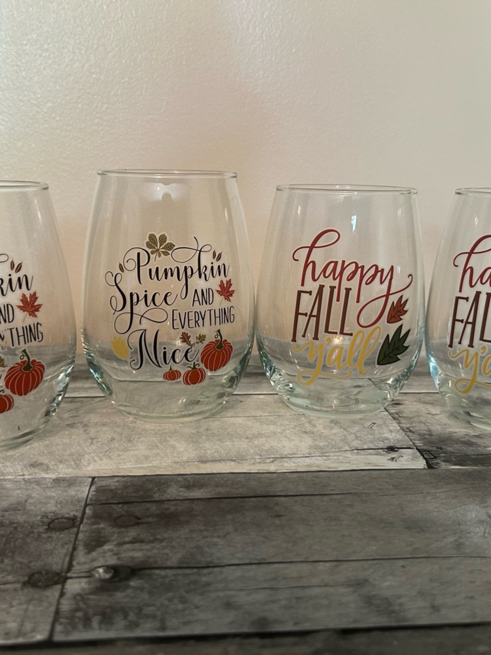 4 Fall Harvest Stemless Wine Glass - Pumpkin Spice and Happy Fall Y'all